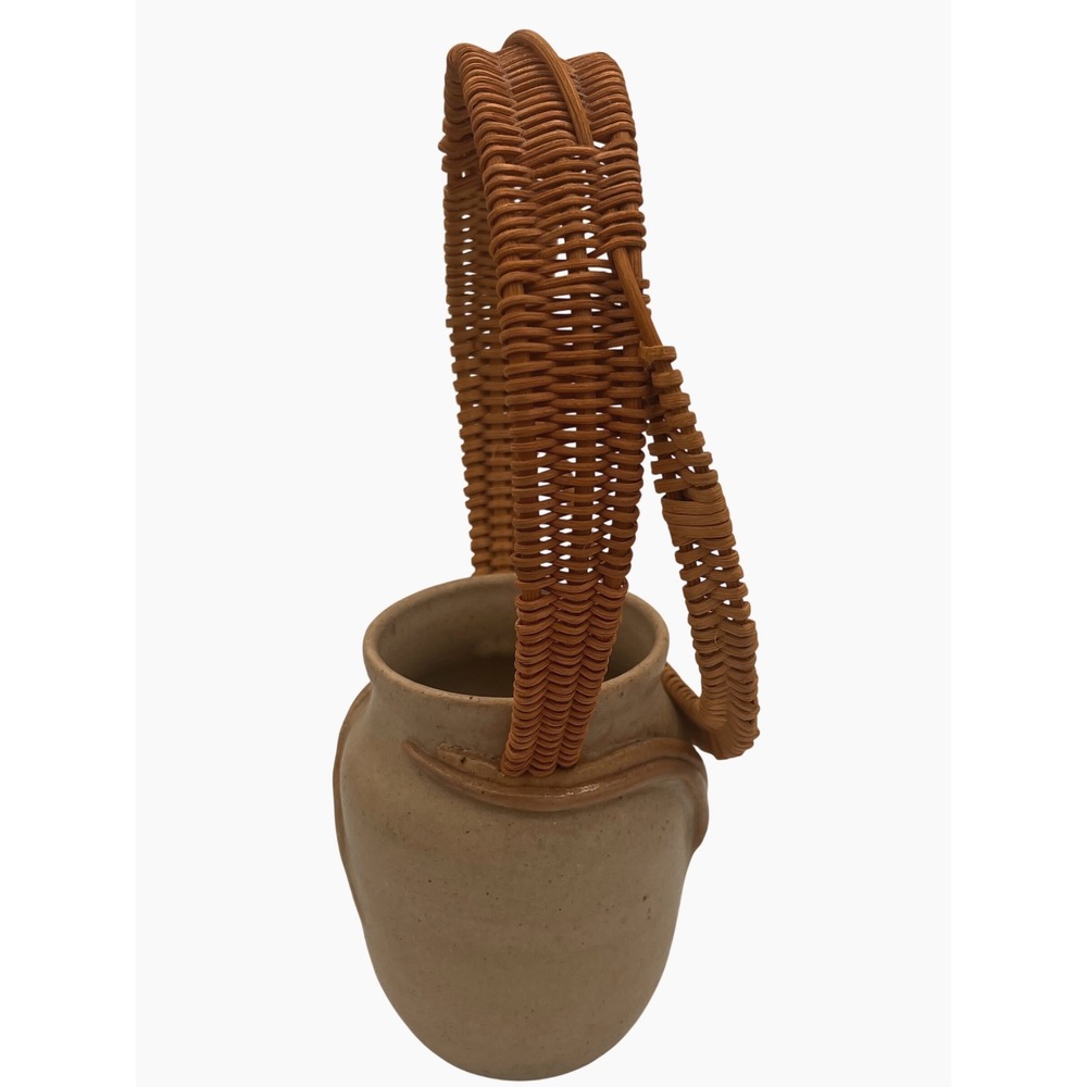 Mary Ashley Tan Pottery Vase Rustic Organic Rattan Handle Signed Hand Thrown - Picture 5 of 9